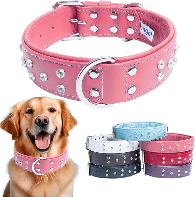 Angel Athens Dog Collar Leather with Rhinestone Bubblegum Pink