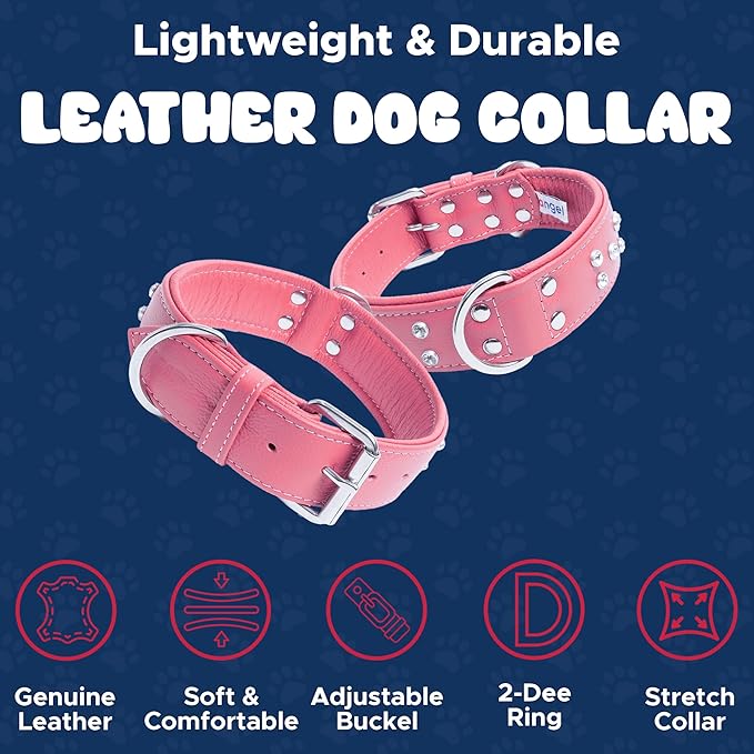 Angel Athens Dog Collar Leather with Rhinestone Bubblegum Pink